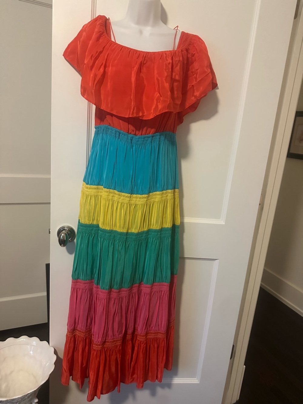 Alice + Olivia Multi-Color Tiered Maxi Dress — Red, Blue, Yellow, Green, Pink